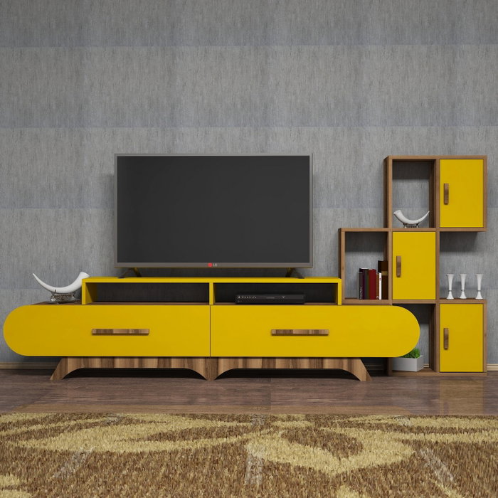 Hanah Home Flora S - Mueble de TV Nogal y Amarillo Hanah Home Flora S - Mueble de TV Nogal y Amarillo